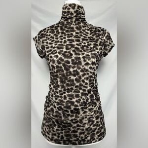 KENNETH COLE Animal Print Mesh Ruched Turtle Neck Y2K Short Sleeve Size PM
